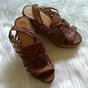 ❤️ Blue Asphalt Congac Leather Cork Wedges